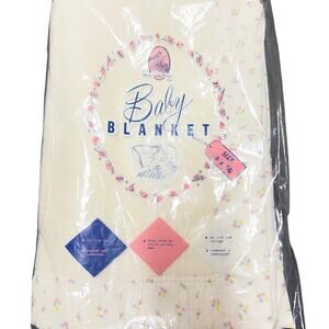 Vintage Quiltex Baby Blanket Satin Trim Small Flowers 36x50 Crib White NIP